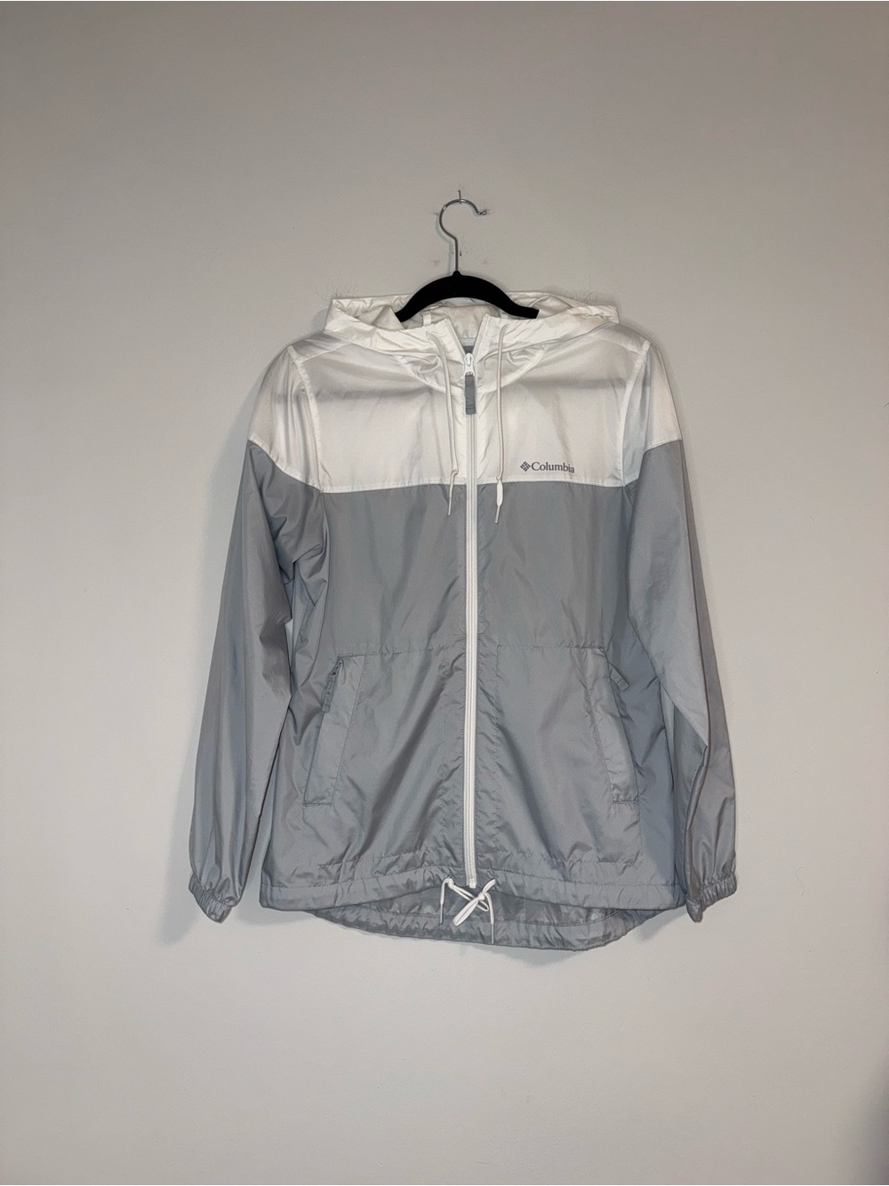 Columbia Hooded Windbreaker Zip Jacket Colorblock White & Light Gray